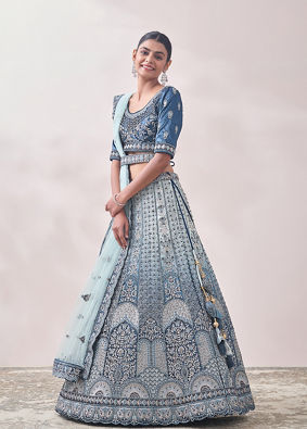 Coral Blue Floral Art Nouveau Patterned Bridal Lehenga image number 3